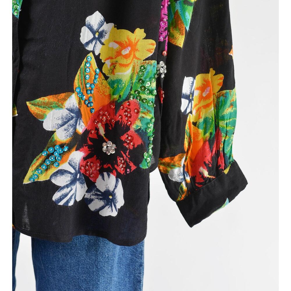 Vintage 90s Black Tropical Floral Beaded Button Down Blouse size L XXL - Picture 9 of 9